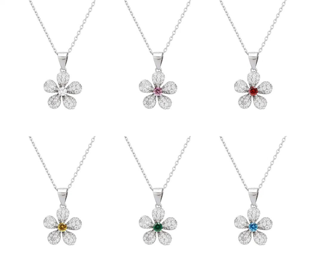 High Quality 925 Sterling Silver Flower Birthstone Full Diamond Pendant Necklace Jewelry for Women